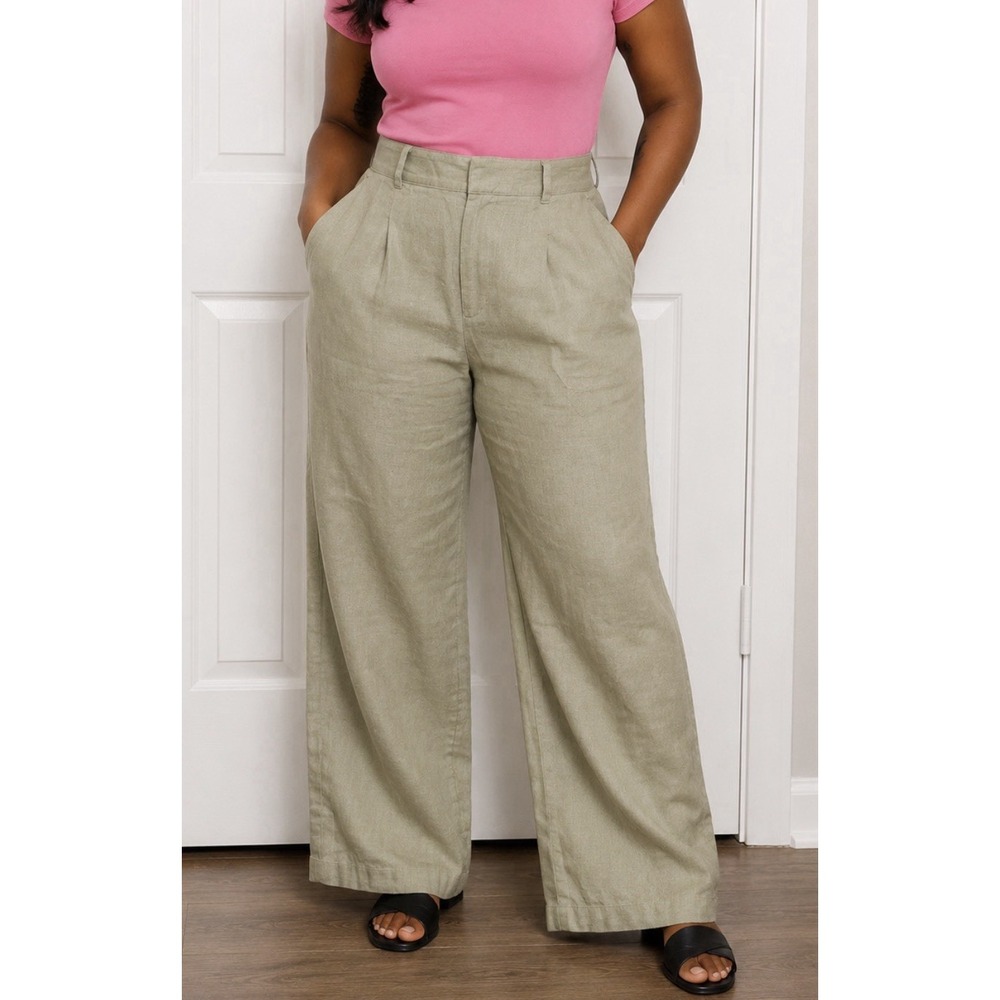 Woman's A New day 8 Reg Fit Wide Leg Pleated Linen Pants -green NWT